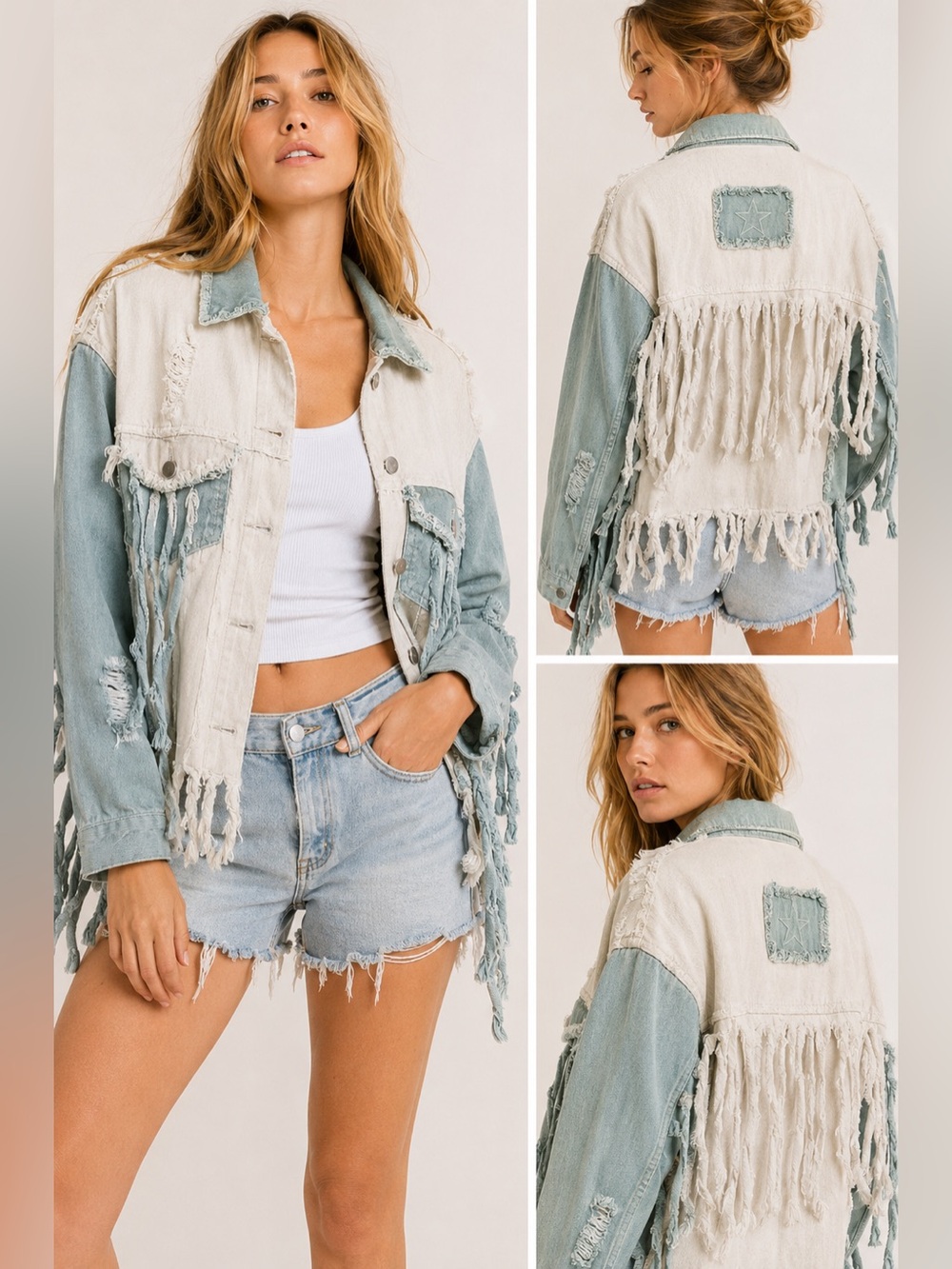 POL Dusty Seafoam Green & Ivory Fringe Denim Jacket Distressed Boho Shacket S